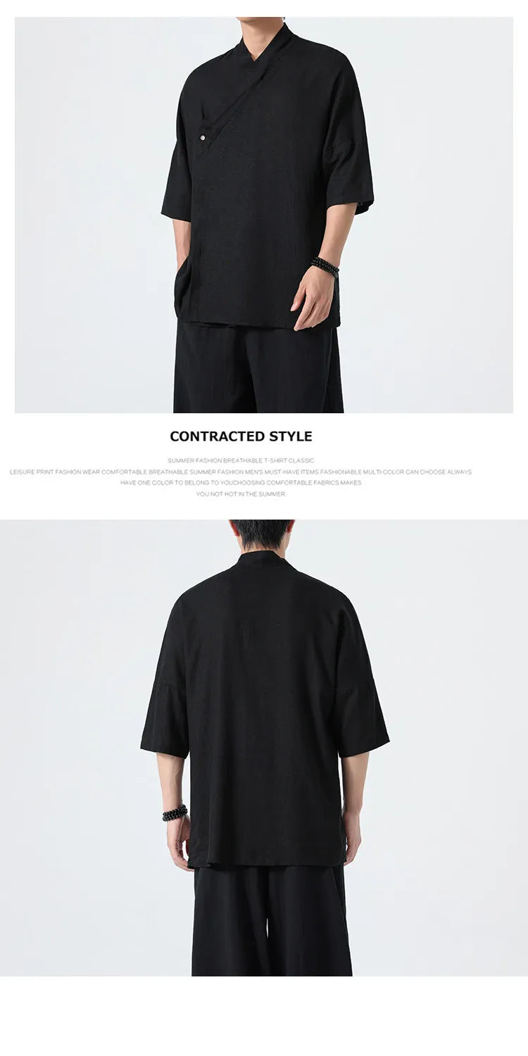 Camicie Estive 2026 da Uomo, Stile Cinese Retrò Tradizionale in Lino Traspirante, Abbigliamento Maschile per Kung Fu e Tai Chi, Bluse Casual Stile Tang