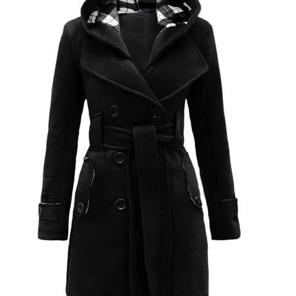 2026 Autumn Women's Hooded Overcoat Trend Double-Breasted Design Belt Side Pockets Plaid Splice Woolen Coats Winter Jacket Femme