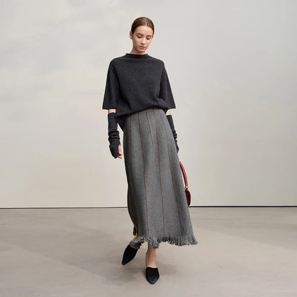 Amii Women's Skirt 2025 Winter New Knitting Striped Tassel A-Line Skirts For Women Versatile Loose Clothing Ladies 12544168 PlatiNum