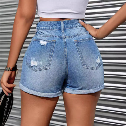 Denim Shorts Women Distressed Hole Jeans Washing High Waist Pockets Solid Vintage Short Pants Office Lady Casual 2025 Summer PlatiNum