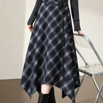 Women Faux Woolen Plaid Long Skirts Korean Vintage Belt Loose High Waist A Line Skirt Casual Fall Winter Irregular Retro Skirts PlatiNum
