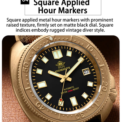 ADDIESDIVE CUSN8 Bronze Watch Men Automatic Wristwatch Calendar Sapphire Glass Luminous 20Bar Waterproof Diving Mechanical Watch