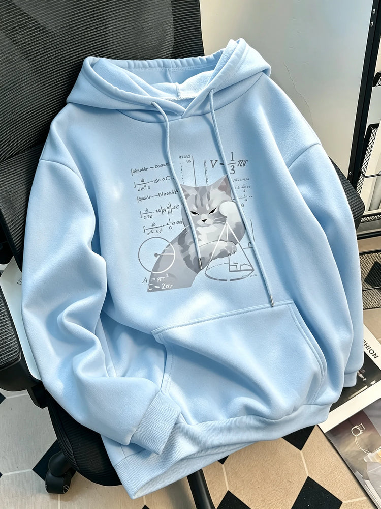 Women's casual hooded long-sleeved pullover with "Cat and Mathematical Formula" print. Loose fit sweatshirt hoodie hoodies