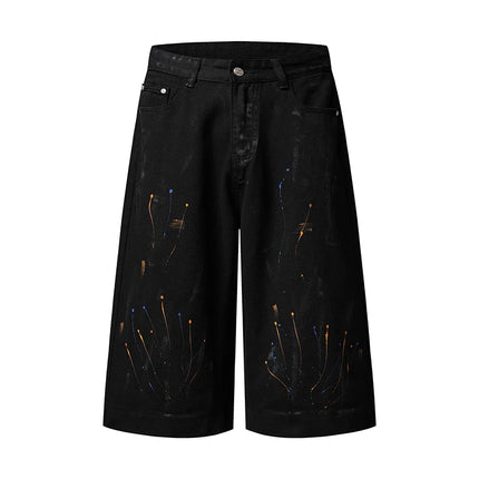 IEFB Niche Pantaloncini in denim da uomo con schizzi di vernice, casual, a gamba larga, alla moda, vestibilità ampia, lunghezza al ginocchio, 9X3271