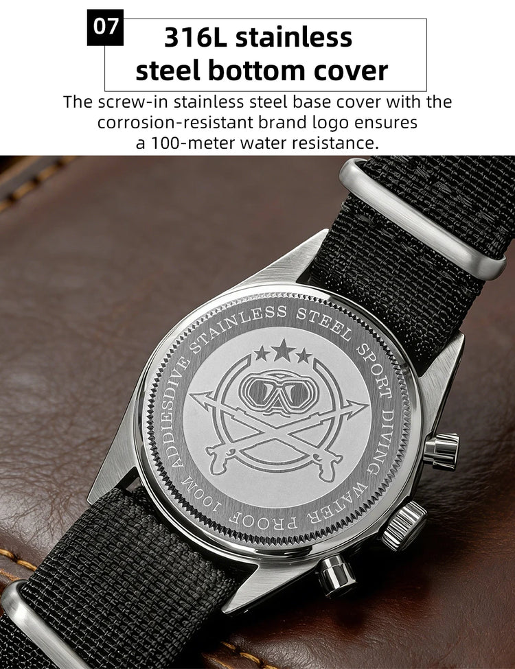 ADDIESDIVE Men's Chronograph Quartz Watch 37mm Bubble Glass 100m Waterproof Watches Ceramic Bezel BGW9 Luminous Sport Wristwatch