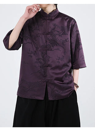 Camicie cinesi Camicia retrò in seta di ghiaccio con motivo floreale scuro Tradizionale Kung Fu Tai Chi Casual Loose Fit Top da uomo traspirante estivo