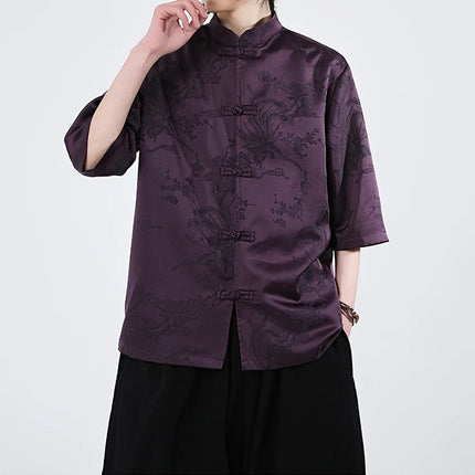 Camicie cinesi Camicia retrò in seta di ghiaccio con motivo floreale scuro Tradizionale Kung Fu Tai Chi Casual Loose Fit Top da uomo traspirante estivo