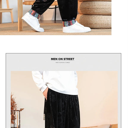 Pantaloni da uomo Kung Fu Tai Chi Pantaloni casual tradizionali da uomo stile cinese retrò allentato fiore scuro drago stampa pantaloni a gamba larga da uomo
