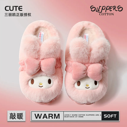 Women Cute Hello Kitty Thick Platform Plush Slippers Warm Fuzzy Non-Slip Bowknots Winter Indoor Bedroom Cozy Fluffy House Slides