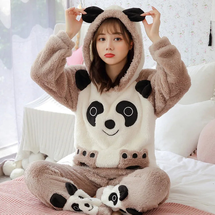 2024 New Plush Pajamas Set for Women Thick Hooded Women 2 Piece Clothes Set Cute Rabbit Women Pyjamas Coral Fleece Warm Homewear