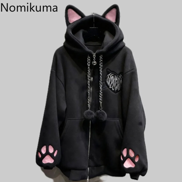 Thicked Women Jackets Cute Cat Ear Hooded Long Sleeve Punk Outerwear Fashion Casual Warm Coats 2025 Ropa Mujer Japanese Y2k Tops