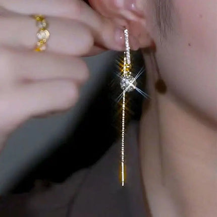 Luxury Temperament Green Zircon Drop Earrings For Women Korean Fashion Long Tassel Rhinestone Earring Wedding Party Jewelry PlatiNum