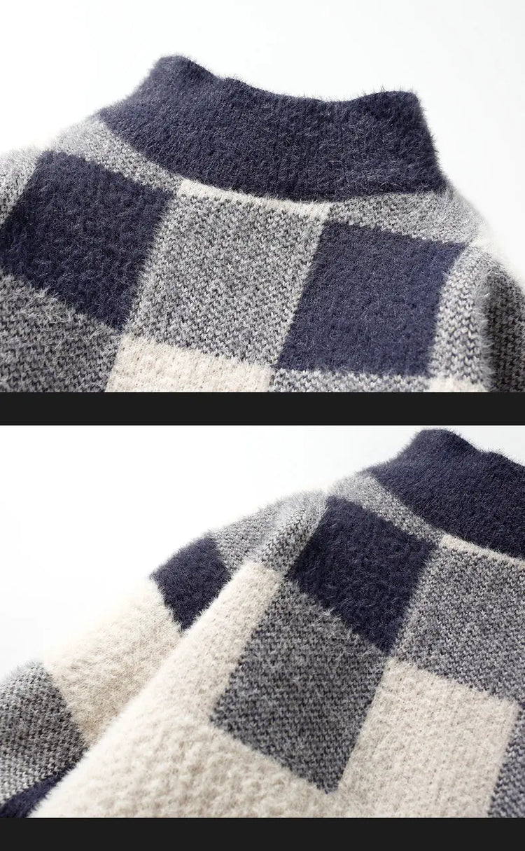 2023 Winter/Autumn Mink velvet High-Quality Fashion Trend Plaid Pattern Sweater Men Casual Loose Warm Sweaters Men Comfortable