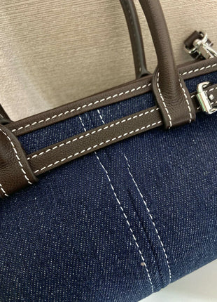 Borsa a secchiello mini in denim e pelle con coulisse, mini borsa a mano di lusso multiuso