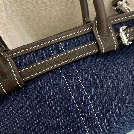 Borsa a secchiello mini in denim e pelle con coulisse, mini borsa a mano di lusso multiuso