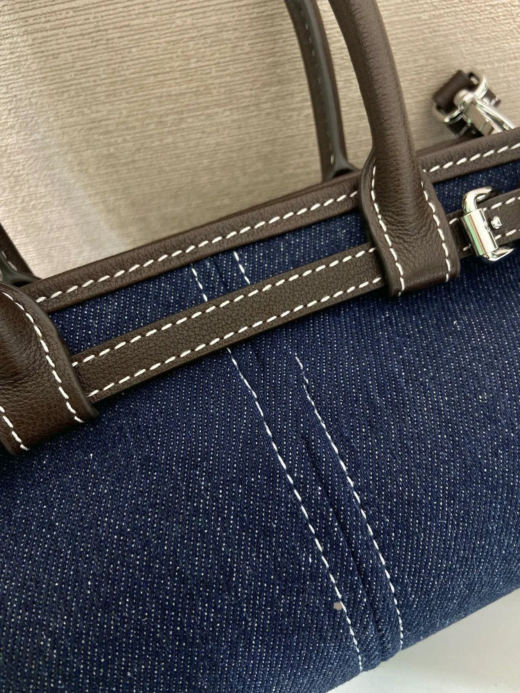 Borsa a secchiello mini in denim e pelle con coulisse, mini borsa a mano di lusso multiuso