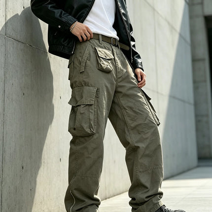 Men's Multi Pocket Cargo Pants Vintage 100% Cotton Loose Straight Tactical Pants Zippered Ankle Cuffs Work Streetwear Trousers