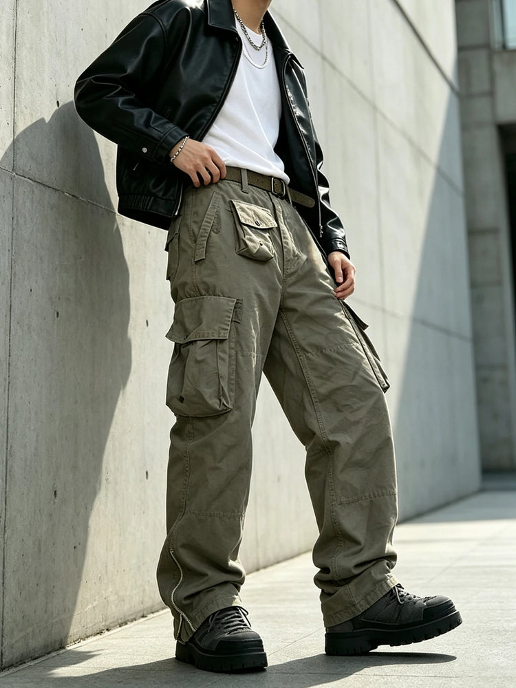 Men's Multi Pocket Cargo Pants Vintage 100% Cotton Loose Straight Tactical Pants Zippered Ankle Cuffs Work Streetwear Trousers