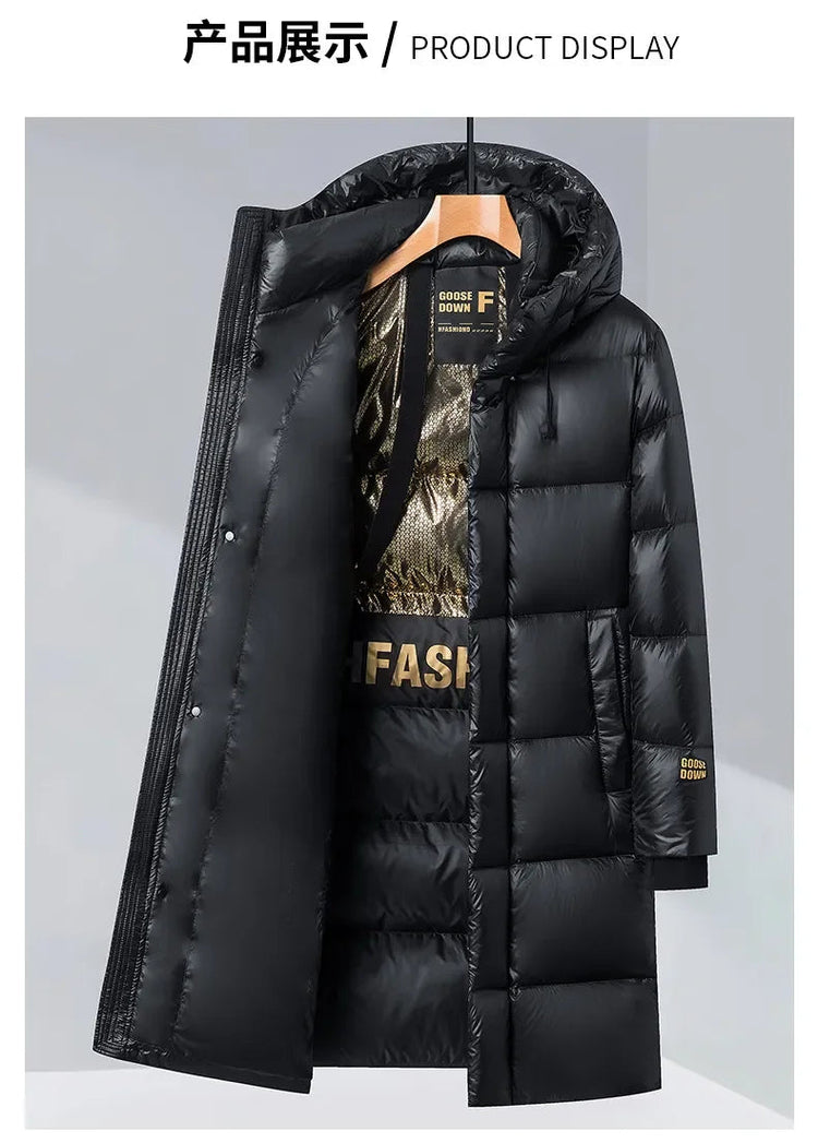 -30 ℃ Cold-proof Long Down Jacket Men's Light Luxury Black Gold Lightweight 95% Goose Down Jacket Unisex Winter Warm Hooded Coat PlatiNum