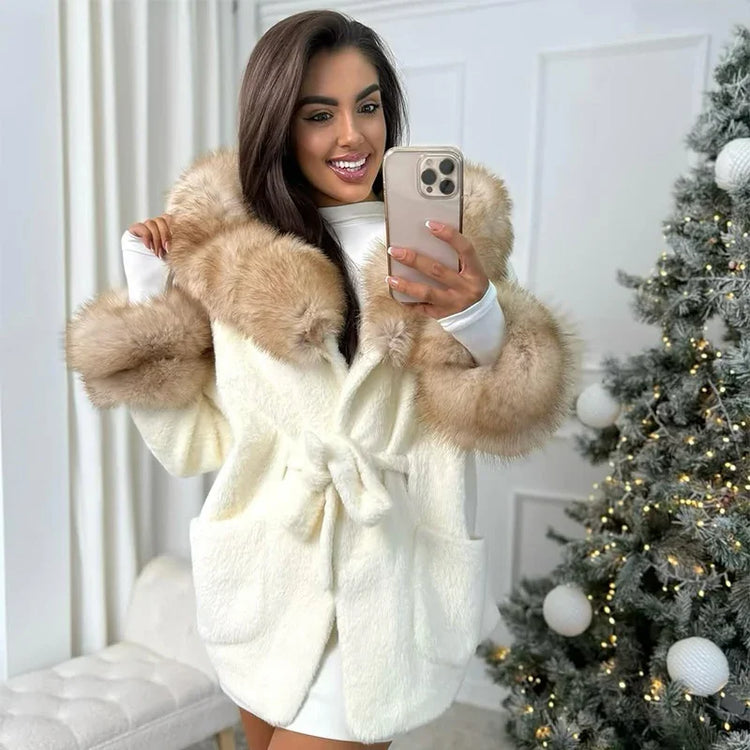 Casual Patchwork Faux Fur Collar Women's Coat Lace Up Pockets Thicken Lady Coats 2026 Autumn Winter Female Street Outerwear