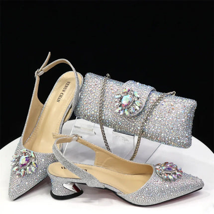 Venus Chan Royal Blue Sandals for Women 2024 Luxury Wedding Pumps Med Heels strass Design Party Shoes and Bags Set