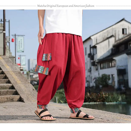Pantaloni Larghi da Uomo Stile Cinese Retrò 2026, Taglie Forti, di Tendenza, Moda High Street, in Cotone e Lino, Leggings Uomo