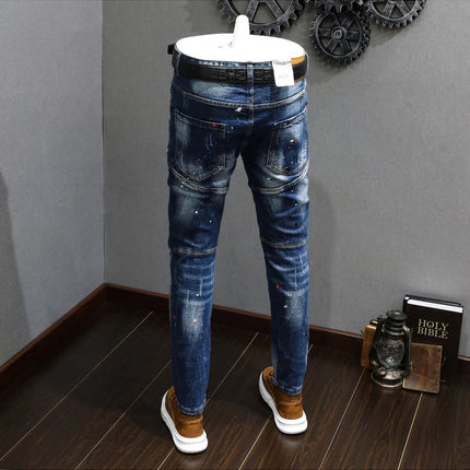 Fashion Designer Men Jeans Retro Blue Stretch Slim Fit Painted Ripped Jeans Men Korean Style Vintage Casual Denim Pants Hombre PlatiNum