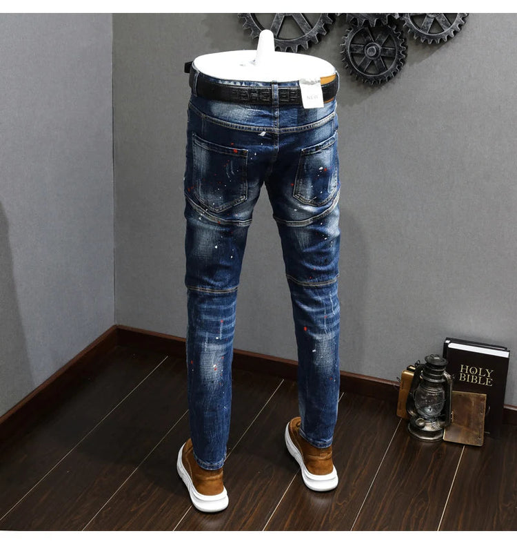 Fashion Designer Men Jeans Retro Blue Stretch Slim Fit Painted Ripped Jeans Men Korean Style Vintage Casual Denim Pants Hombre PlatiNum
