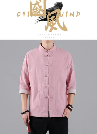 Camicie in Stile Cinese per Uomo, Top Tradizionale Tang in Lino a Mezza Manica, Camicia Kung Fu Hanfu Vintage Casual, Taglie Grandi fino a 5XL