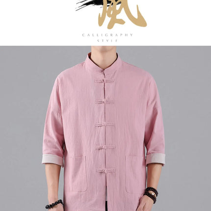 Camicie in Stile Cinese per Uomo, Top Tradizionale Tang in Lino a Mezza Manica, Camicia Kung Fu Hanfu Vintage Casual, Taglie Grandi fino a 5XL