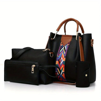 Set di 4 Borse da Donna in Pelle PU: Borsa a Tracolla, Borsa a Mano, Pochette e Portacarte