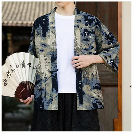Camicie in Lino Stile Etnico con Stampa Yukata per Uomo e Donna, Abbigliamento Asiatico, Kimono Giapponese Harajuku, Camicie Retrò da Uomo