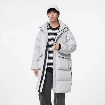 Metersbonwe Men's Long Hooded Down Jacket  Male Stand Collar Jacket with Hem Side Zipper Letter Printing Duck Down Padded Brand