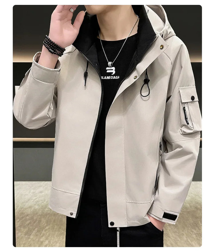 New Men's Fashion Casual Jackets Hooded Solid Zipper Pockets Camping Jackets Spring Autumn Brand Male Outdoor Sport Windbreaker
