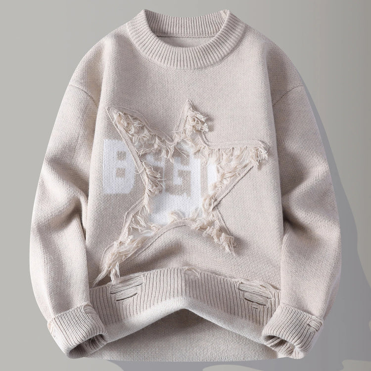 Edgy Star Fringe Knit Sweater – Distressed Lettering Crewneck for Men