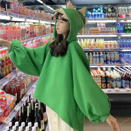 Autumn Women Cartoon Dinosaur Horn Cap Hoodies Harajuku Sweatshirts Cute Front Short Back Long Halloween Dragon Shape Pullovers