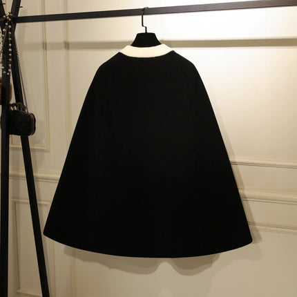 French Elegant Socialite Cape Jacket Plush Pocket Round Neck Bow Single-breasted Loose Versatile Woolen Cloak Coats Women Winter