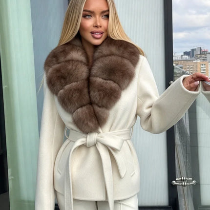 OFTBUY Women 100% Wool Short Coat Real Fox Fur Collar Woolen Jacket New Luxury Winter Natural Fur Clothes Warm Belted Outerwear