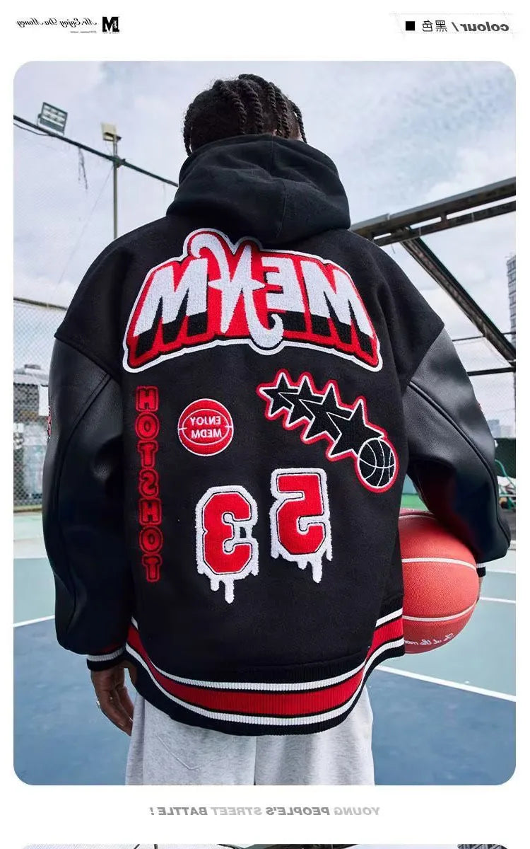 Bomber Jacket Men Women Flocking Hip Hop Loose Casual Patchwork Coat Unisex Embroidery High Street Varsity Baseball Outwear 2023