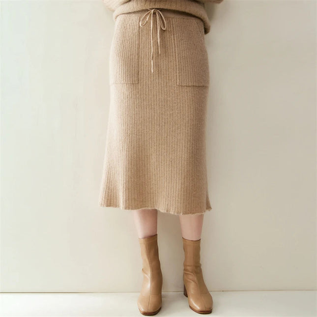 Yoyoselect 100% Cashmere Women's Skirts Autumn Winter Mid Calf Length Knitted Skirt Soft Versatile Quality OL Skirts Clothing PlatiNum