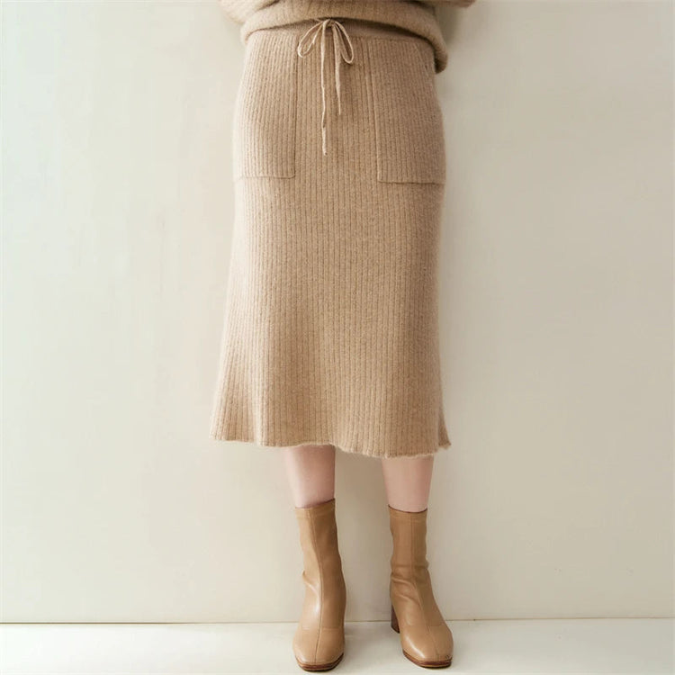 Yoyoselect 100% Cashmere Women's Skirts Autumn Winter Mid Calf Length Knitted Skirt Soft Versatile Quality OL Skirts Clothing PlatiNum