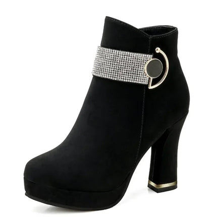 Fashionable Women's Red Wedding Shoes Autumn/winter Fleece-lined Thick Heel Short Boots Cotton Round Head Warm High Heels