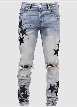 Vintage Star Print Stretch Punk Style Ripped Jeans Men's Streetwear Fashion Pocket Male Youth Daily Casual Denim Pencil Pants PlatiNum
