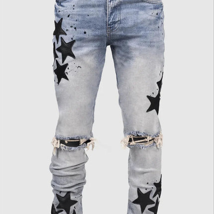 Vintage Star Print Stretch Punk Style Ripped Jeans Men's Streetwear Fashion Pocket Male Youth Daily Casual Denim Pencil Pants PlatiNum