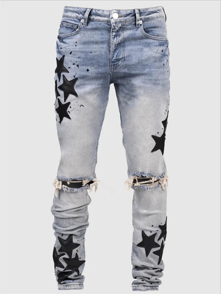 Vintage Star Print Stretch Punk Style Ripped Jeans Men's Streetwear Fashion Pocket Male Youth Daily Casual Denim Pencil Pants PlatiNum