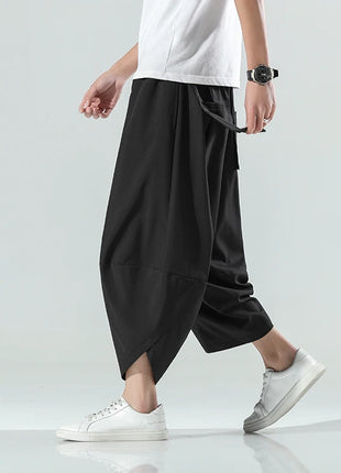 Pantaloncini Estivi da Uomo Stile Cinese Harajuku, Pantaloni Harem Oversize, Pantaloni Vintage Traspiranti a Tinta Unita, Lunghezza al Polpaccio