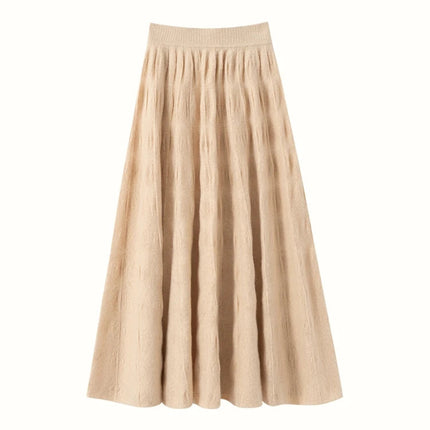 Women Cashmere Skirt A-Line Jacquard Elastic Waist Flared Skirt Autumn Winter 100% Cashmere Knitted Office Lady Curled Hem Dress PlatiNum
