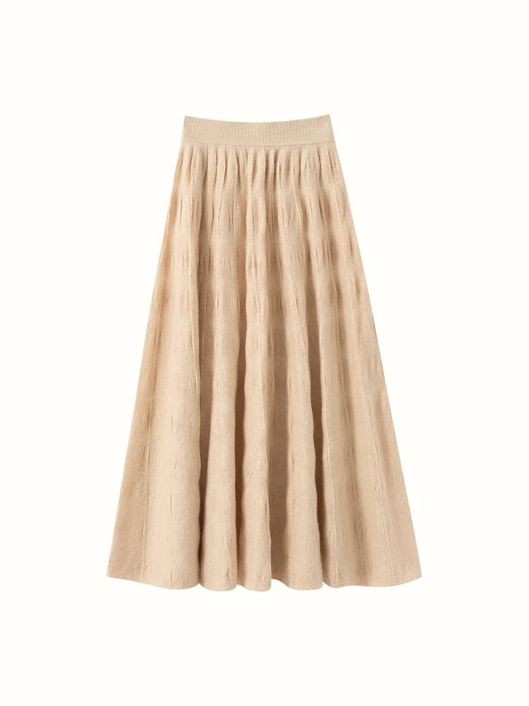 Women Cashmere Skirt A-Line Jacquard Elastic Waist Flared Skirt Autumn Winter 100% Cashmere Knitted Office Lady Curled Hem Dress PlatiNum