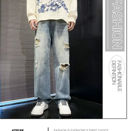 New vintage casual loose fit men's jeans with high street style straight leg denim pants for teenagers, torn knees and damaged PlatiNum