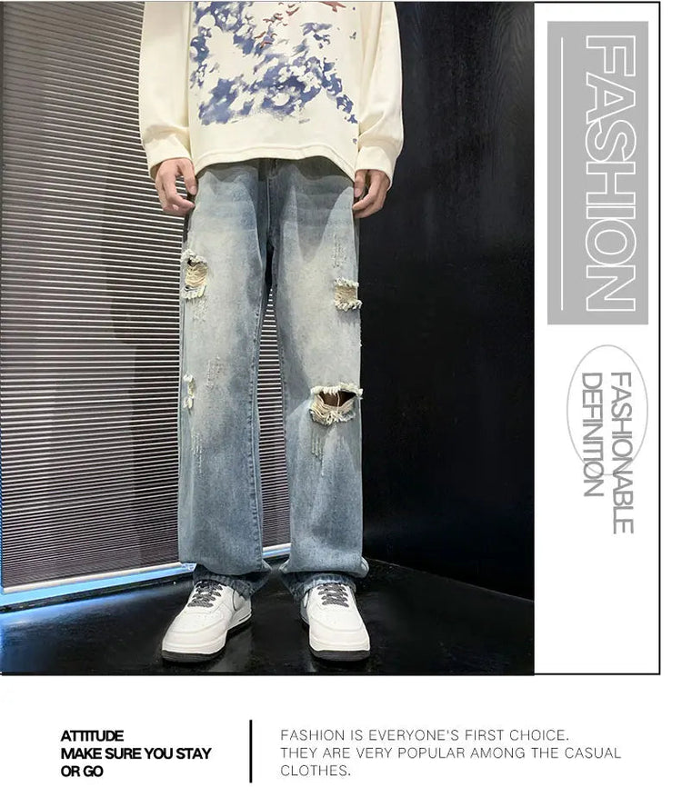 New vintage casual loose fit men's jeans with high street style straight leg denim pants for teenagers, torn knees and damaged PlatiNum